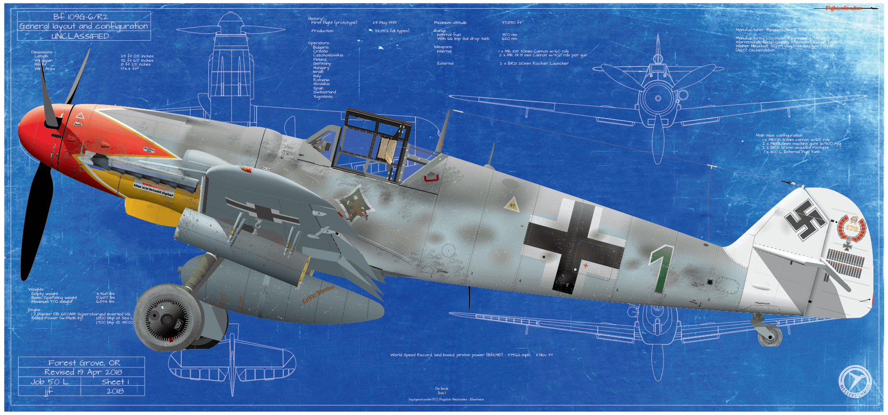 Bf 109G-6/R2 JG52 Hermann Graf Fine Art Aviation Profile Prints